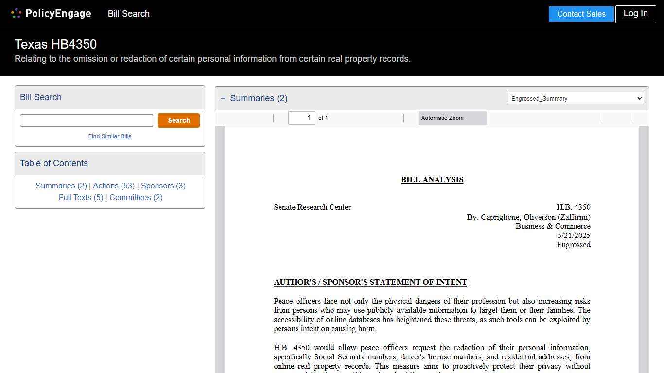 HB4350 Texas 2025-2026 Relating to the omission or redaction of certain personal information from certain real property records. - Legislative Tracking PolicyEngage